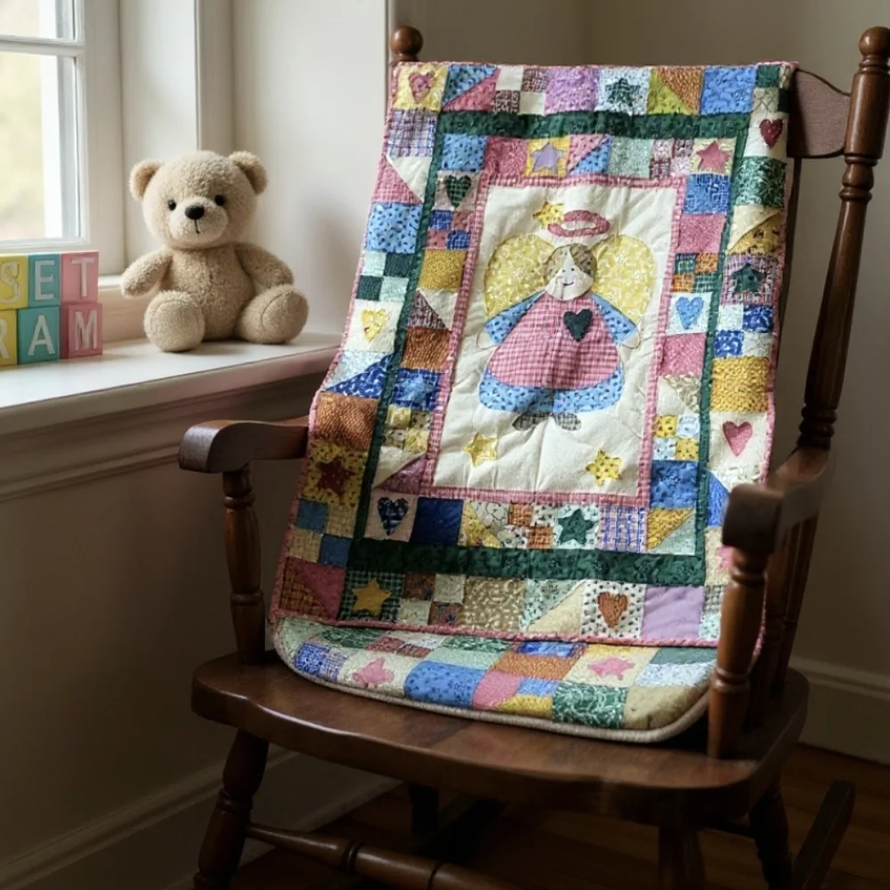 Country Nursery Sweet puffy Patchwork Angel/Hearts/Stars Crib Quilt Multicolor